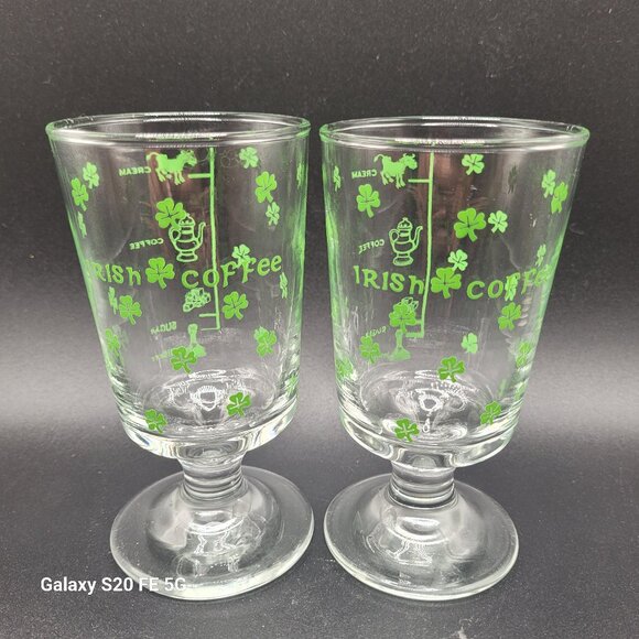 Libbey Vintage Irish Coffee Recipe Footed Clear with Green Shamrocks Glass Mugs - Picture 1 of 8